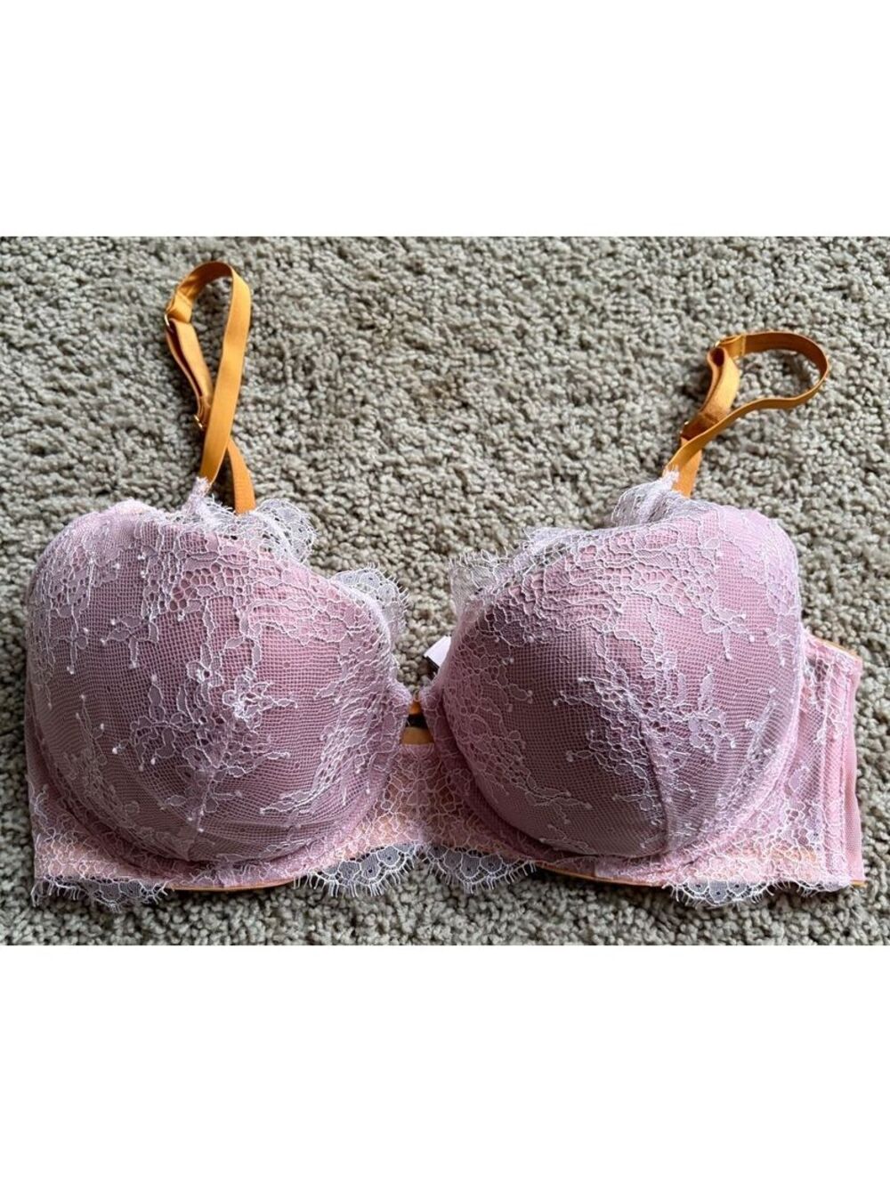 NWOT VS Victoria's Secret 34DD lined plunge bras rose blush overlay orange strap